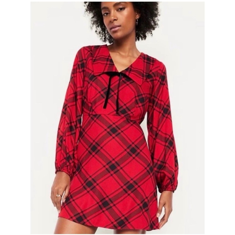 Old Navy Red Black Plaid Mini Dress Large Long Sleeve Velvet Tie Collar NEW